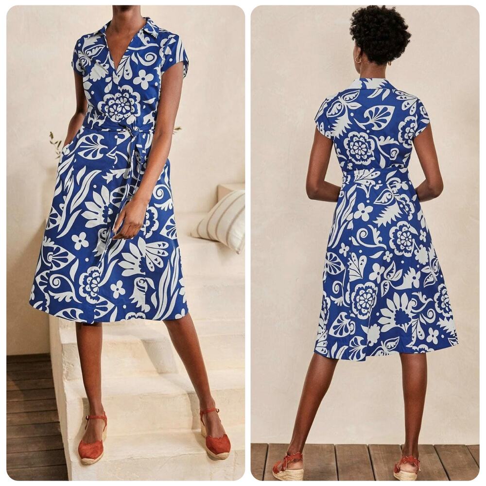 Boden Rowena Belted Shirt Dress Cobalt Blue White Tropical Floral Design US 12P